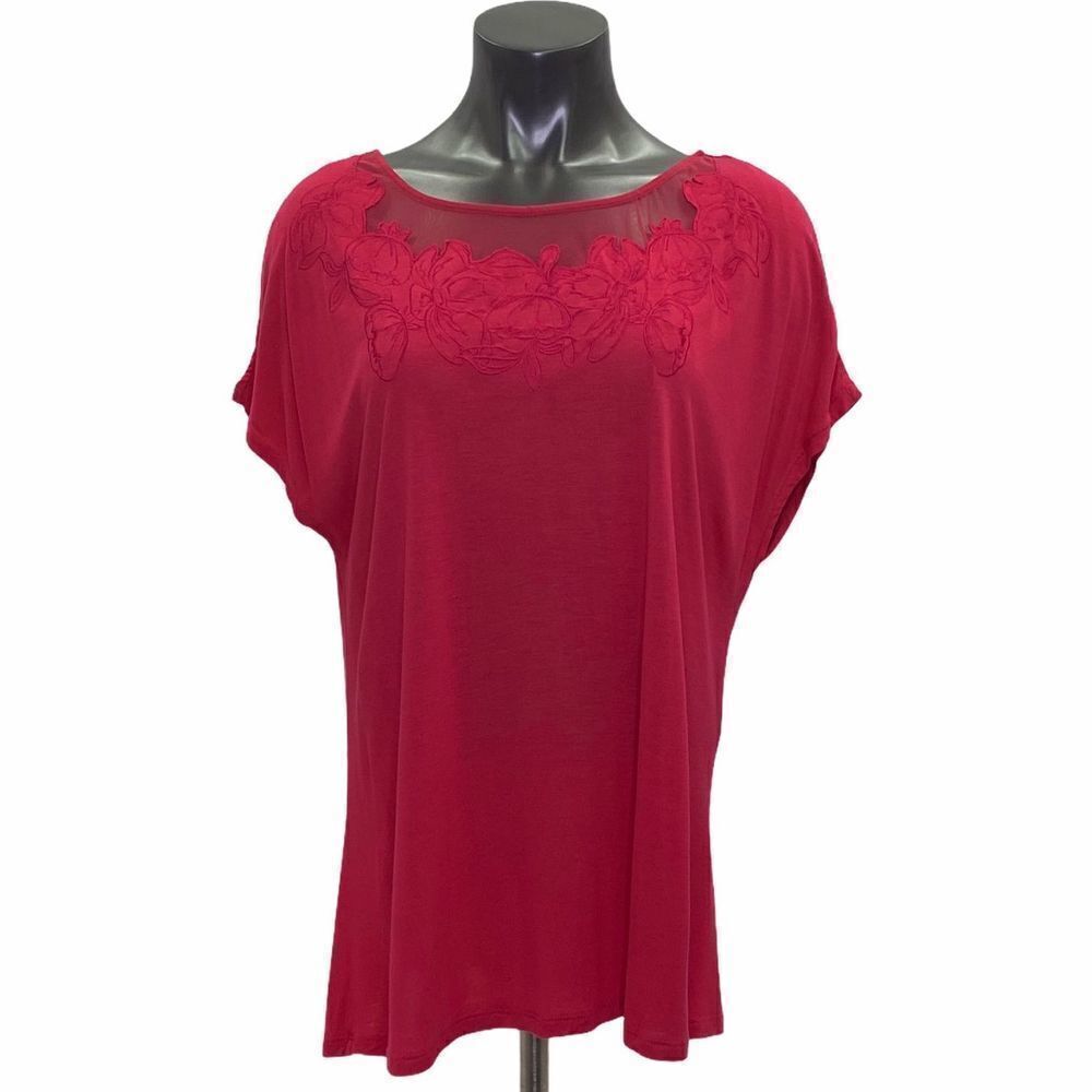 JACLYN Smith Red Floral Mesh Short Sleeve Top